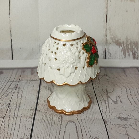 Poinsettia Christmas Tea Light Candle Holder 2pc Gold Red Green Ceramic 7" - Picture 4 of 11